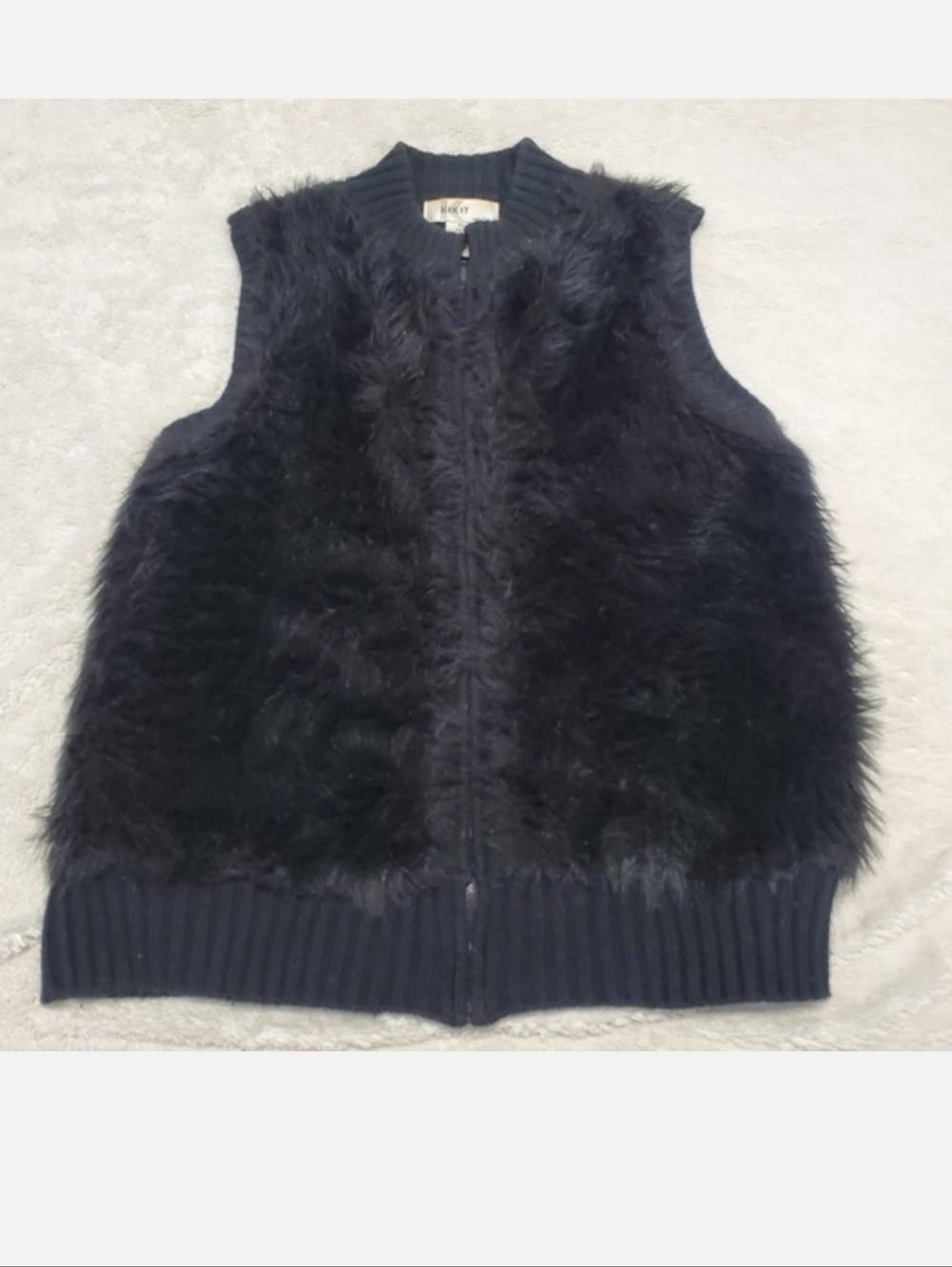 Vintage Kikit Black Fuzzy Faux Fur Full Zip Knit Sweater Vest Women XL Retro Y2K